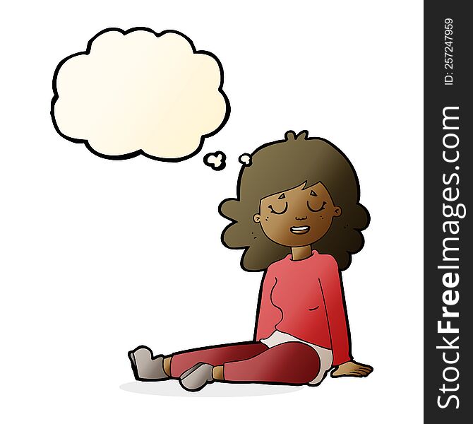 cartoon happy woman sitting on floor with thought bubble