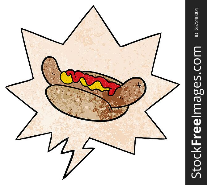 cartoon fresh tasty hot dog with speech bubble in retro texture style