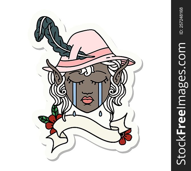 sticker of a crying elven bard character. sticker of a crying elven bard character