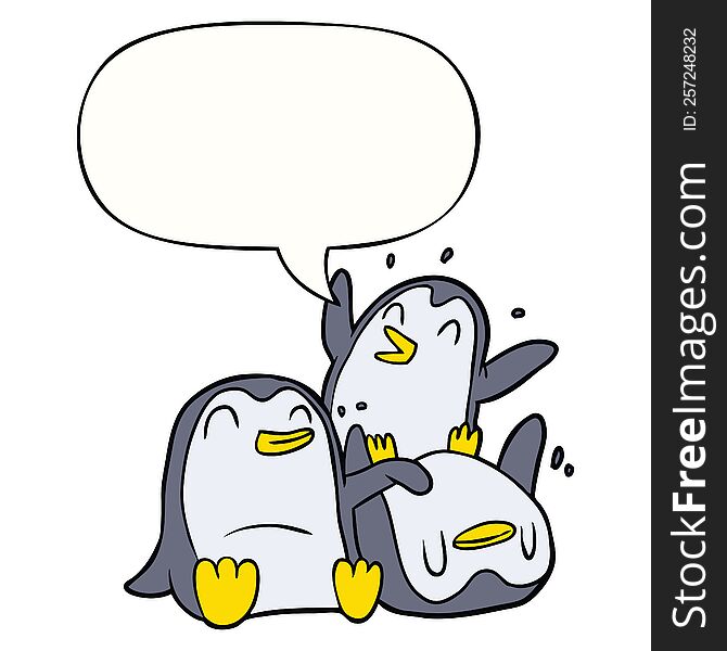 Cartoon Happy Penguins And Speech Bubble