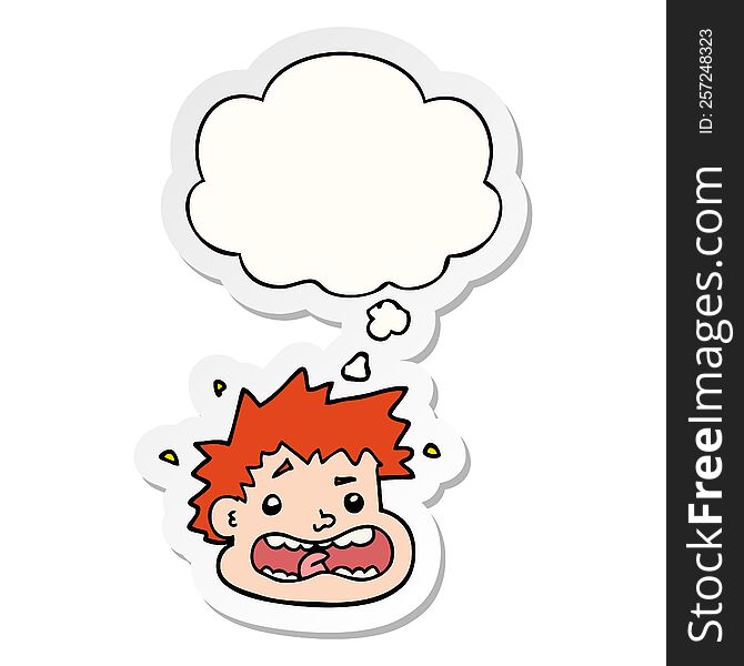 cartoon frightened face with thought bubble as a printed sticker