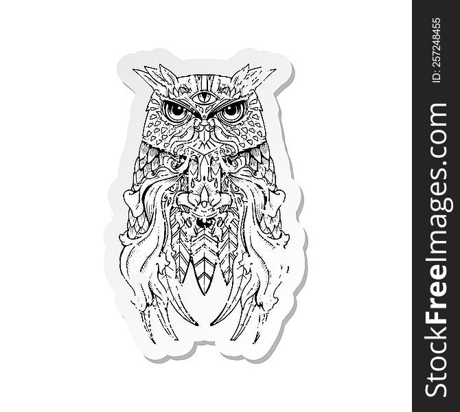 Retro Distressed Sticker Of A Owl Tattoo