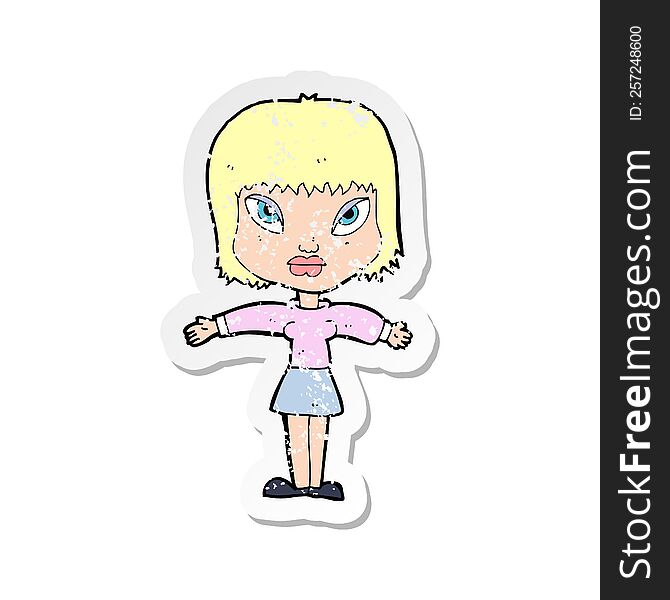 retro distressed sticker of a cartoon woman with outstretched arms