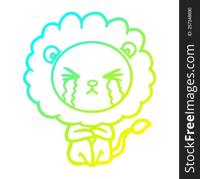 cold gradient line drawing of a cartoon crying lion sitting huddled up
