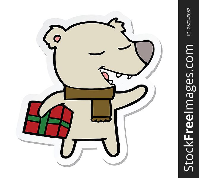 sticker of a cartoon bear with present