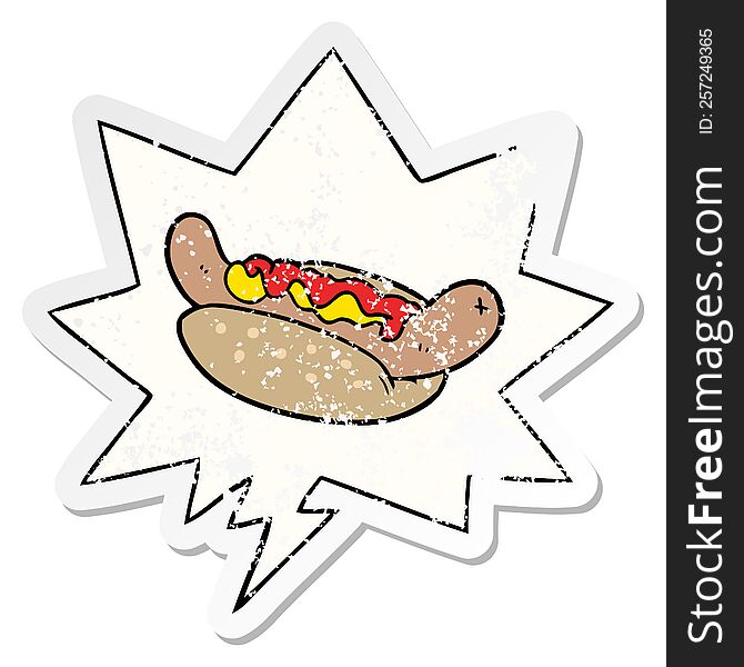 Cartoon Fresh Tasty Hot Dog And Speech Bubble Distressed Sticker