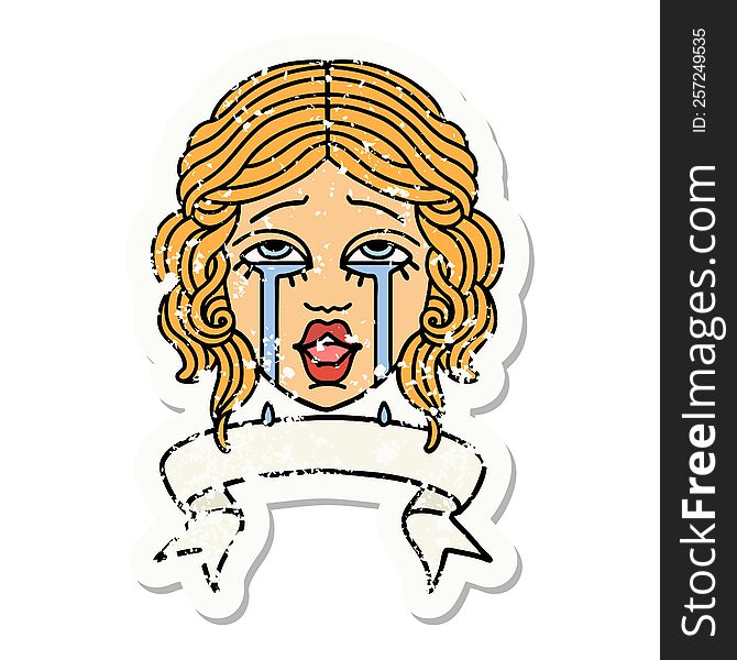 Grunge Sticker With Banner Of A Very Happy Crying Female Face