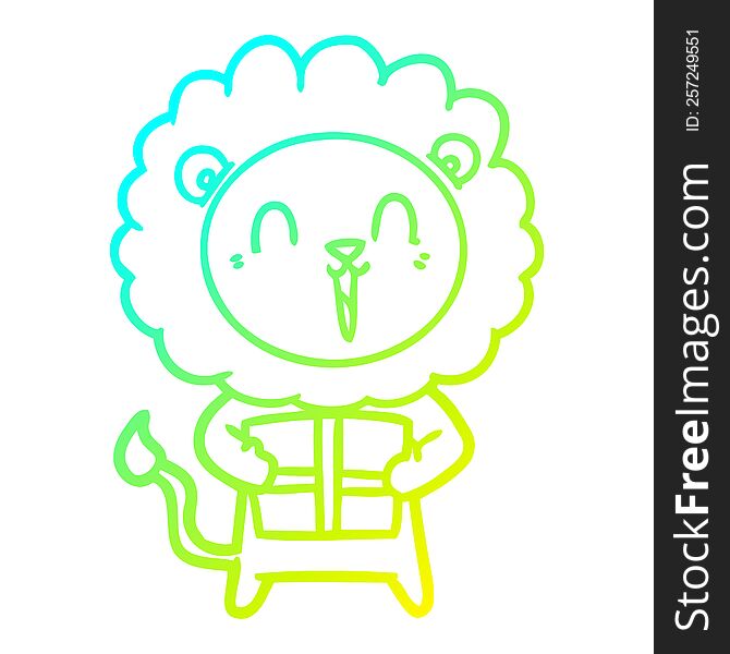 cold gradient line drawing of a laughing lion cartoon with christmas present