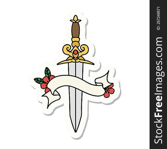 tattoo style sticker with banner of a dagger. tattoo style sticker with banner of a dagger