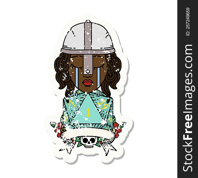 Crying Human Fighter With Natural One D20 Dice Illustration