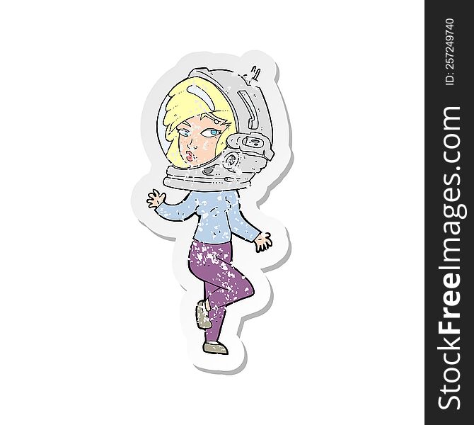 Retro Distressed Sticker Of A Cartoon Woman Wearing Space Helmet