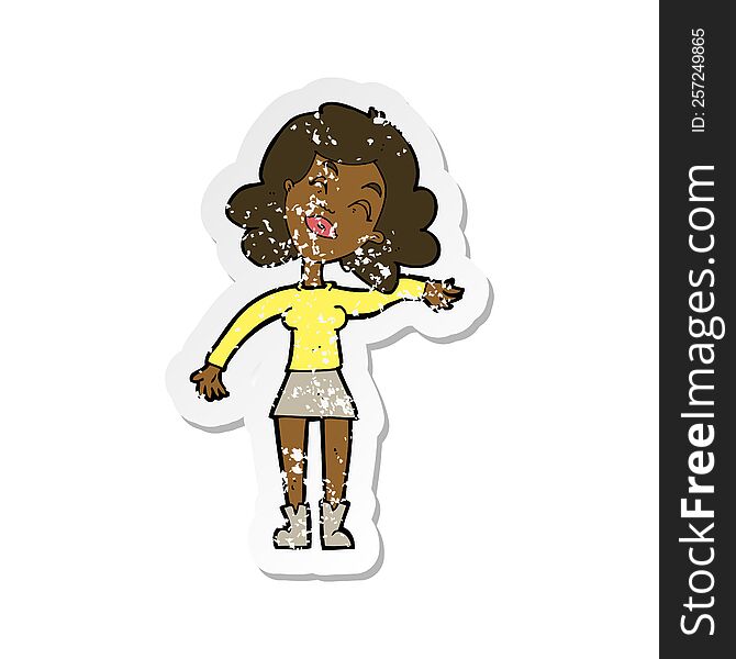 retro distressed sticker of a cartoon woman only joking