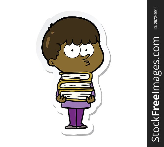 Sticker Of A Cartoon Curious Boy With Lots Of Books