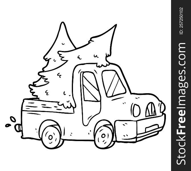 line drawing of a pickup truck carrying christmas trees. line drawing of a pickup truck carrying christmas trees