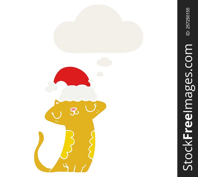 Cute Cartoon Cat Wearing Christmas Hat And Thought Bubble In Retro Style