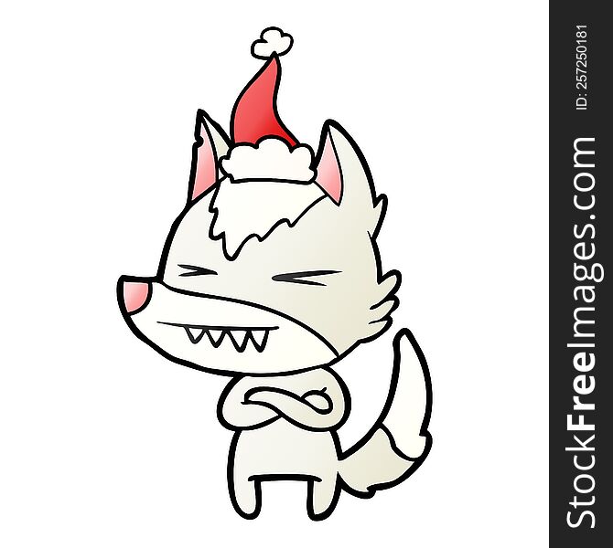 angry wolf hand drawn gradient cartoon of a wearing santa hat. angry wolf hand drawn gradient cartoon of a wearing santa hat