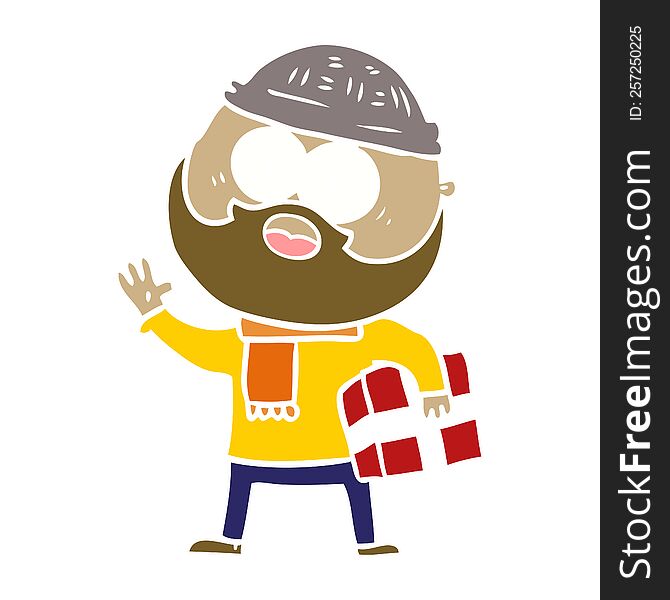 Flat Color Style Cartoon Bearded Man With Present