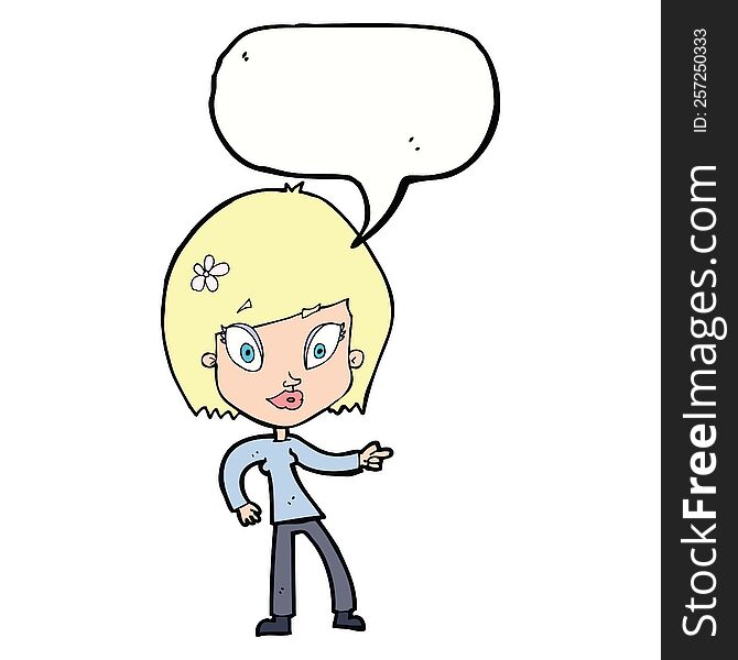 Cartoon Pretty Woman Pointing With Speech Bubble