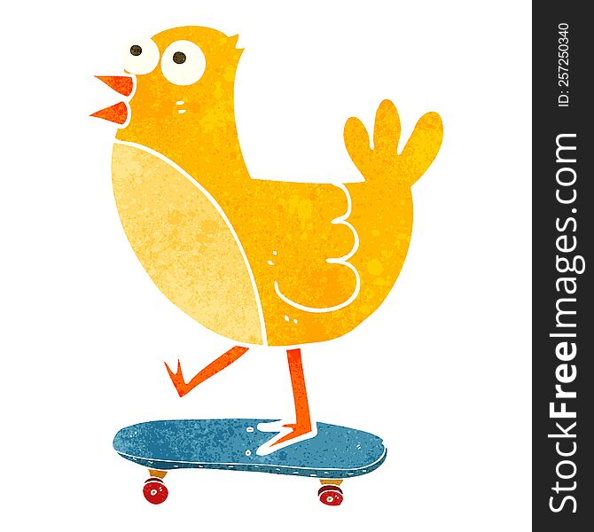 freehand retro cartoon bird on skateboard