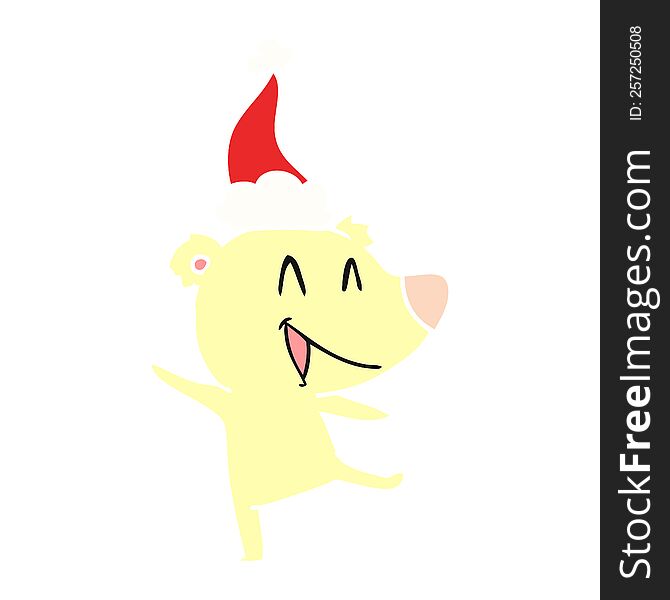 laughing bear hand drawn flat color illustration of a wearing santa hat. laughing bear hand drawn flat color illustration of a wearing santa hat