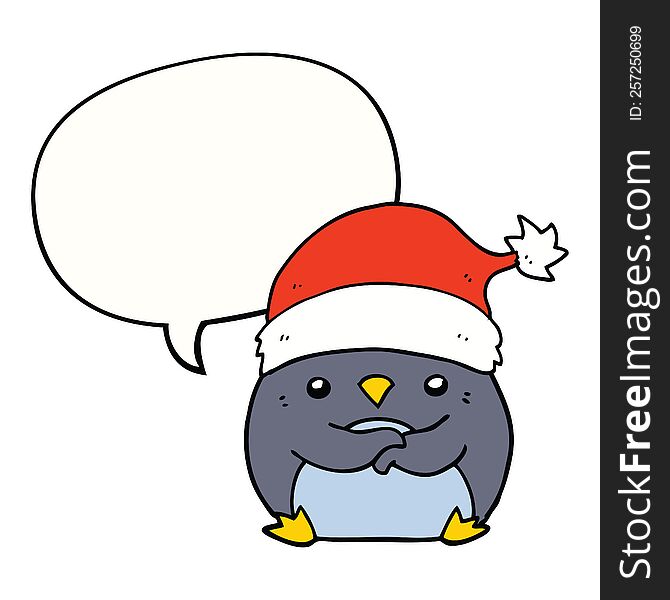 cute cartoon penguin wearing christmas hat and speech bubble