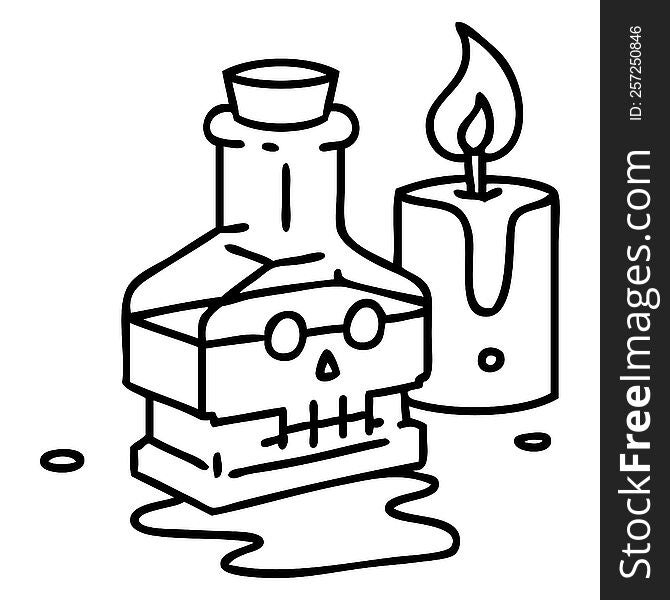 line doodle of a magic potion in a fancy bottle with candle. line doodle of a magic potion in a fancy bottle with candle