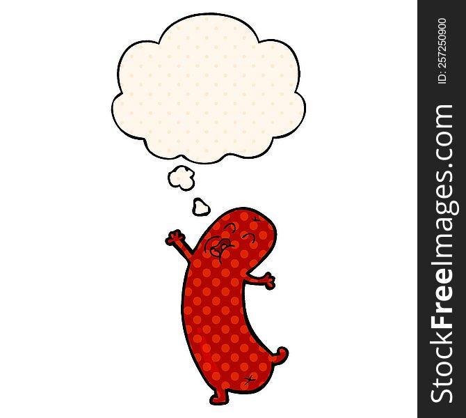 cartoon dancing sausage with thought bubble in comic book style