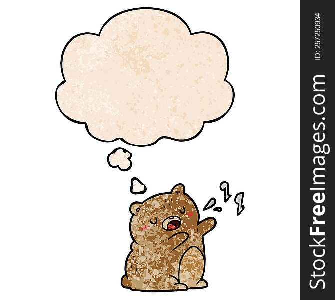 Cartoon Singing Bear And Thought Bubble In Grunge Texture Pattern Style
