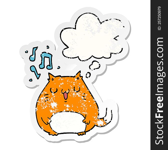 Cartoon Cat Singing And Thought Bubble As A Distressed Worn Sticker
