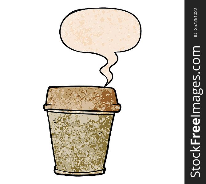 cartoon take out coffee with speech bubble in retro texture style