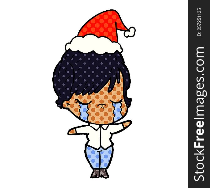 Comic Book Style Illustration Of A Woman Crying Wearing Santa Hat