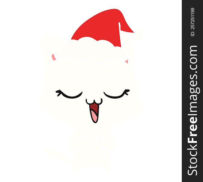 Happy Flat Color Illustration Of A Cat Wearing Santa Hat