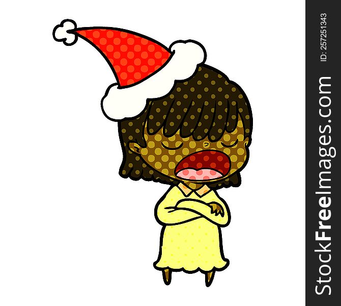 Comic Book Style Illustration Of A Woman Talking Loudly Wearing Santa Hat