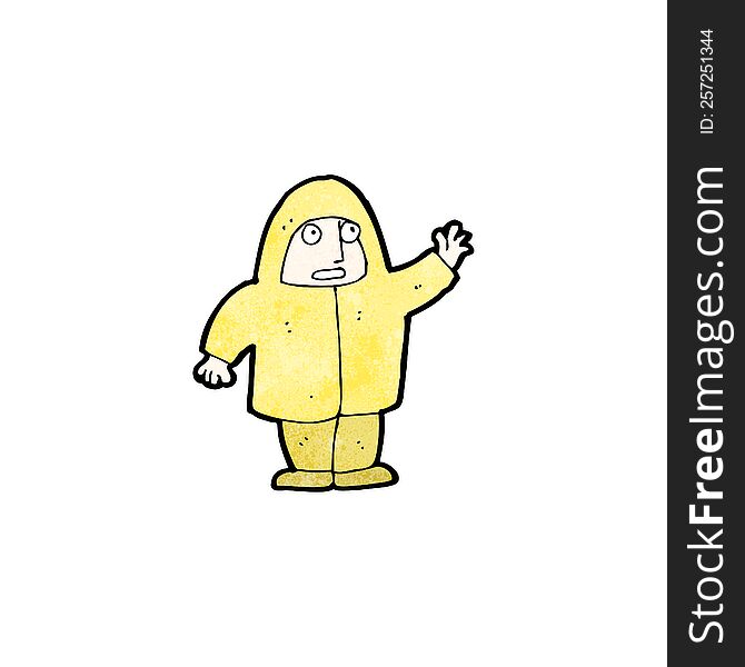 cartoon man in raincoat waving