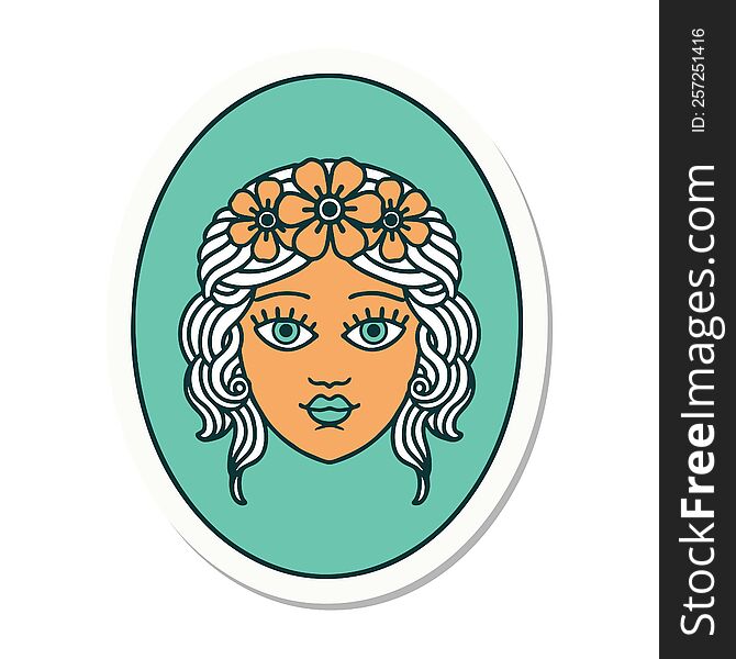 sticker of tattoo in traditional style of a maiden with crown of flowers. sticker of tattoo in traditional style of a maiden with crown of flowers