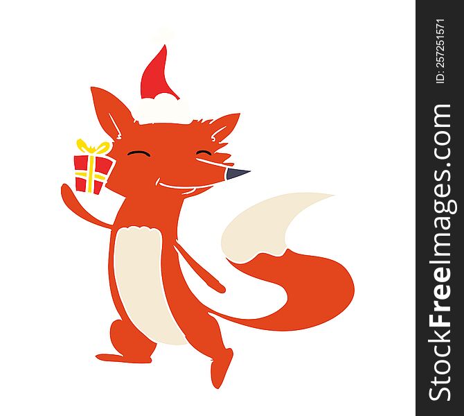 Flat Color Illustration Of A Happy Fox Wearing Santa Hat