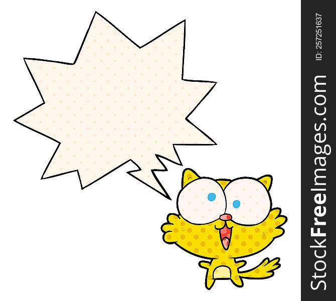 Cute Cartoon Crazy Cat And Speech Bubble In Comic Book Style