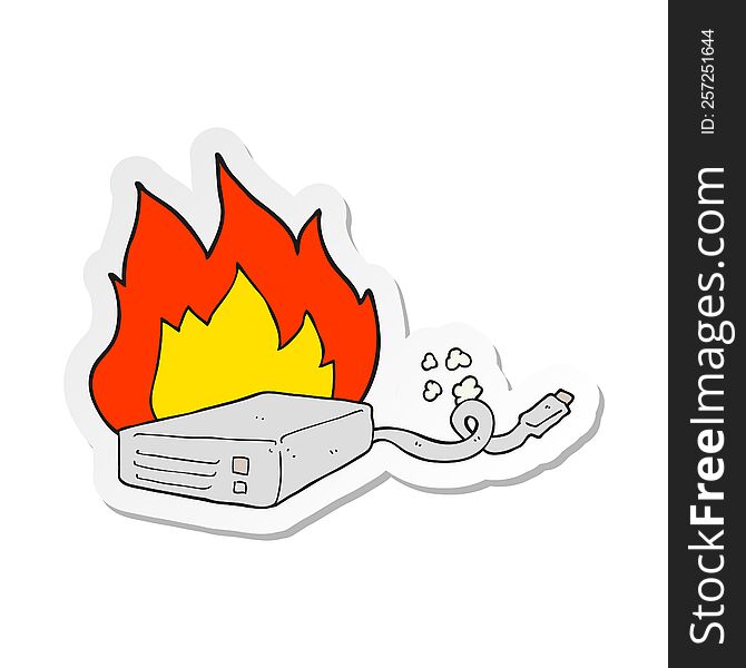 sticker of a cartoon computer hard drive burning