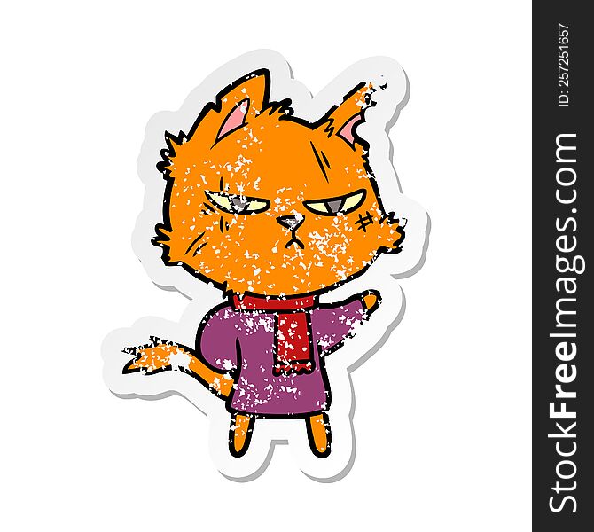 distressed sticker of a tough cartoon cat in winter scarf