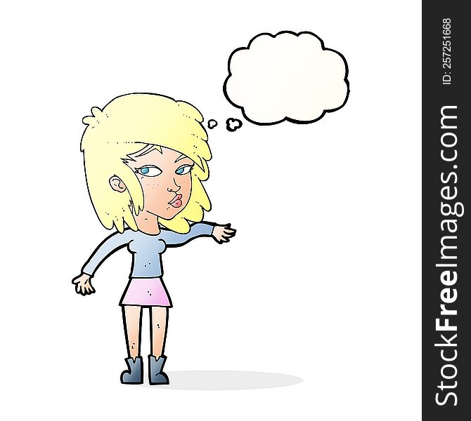 cartoon woman playing it cool with thought bubble