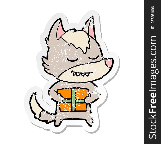 Distressed Sticker Of A Friendly Cartoon Wolf Carrying Christmas Present