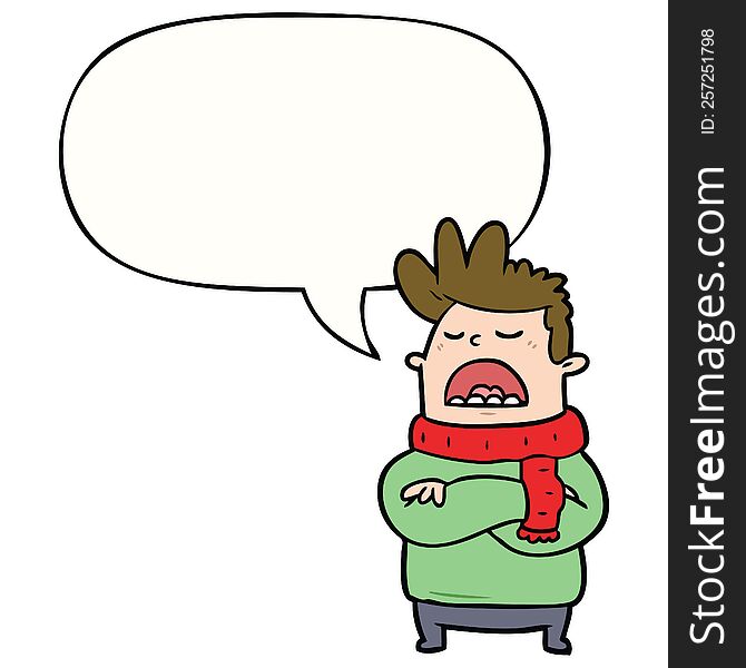 cartoon obnoxious man in winter clothes with speech bubble