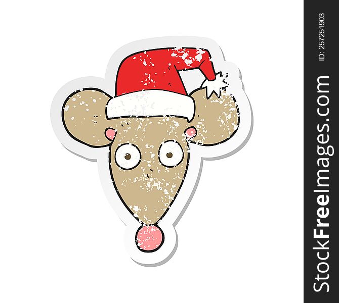 Retro Distressed Sticker Of A Cartoon Mouse In Christmas Hat