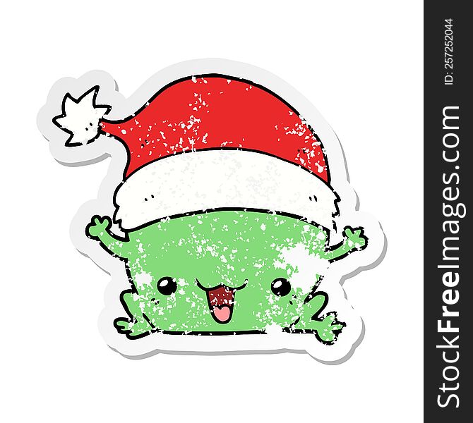 distressed sticker of a cute cartoon christmas frog