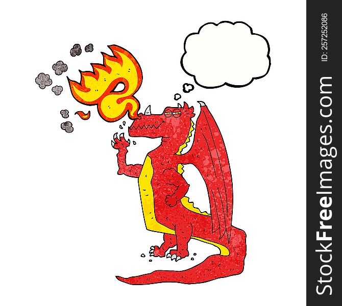freehand drawn thought bubble textured cartoon happy dragon breathing fire