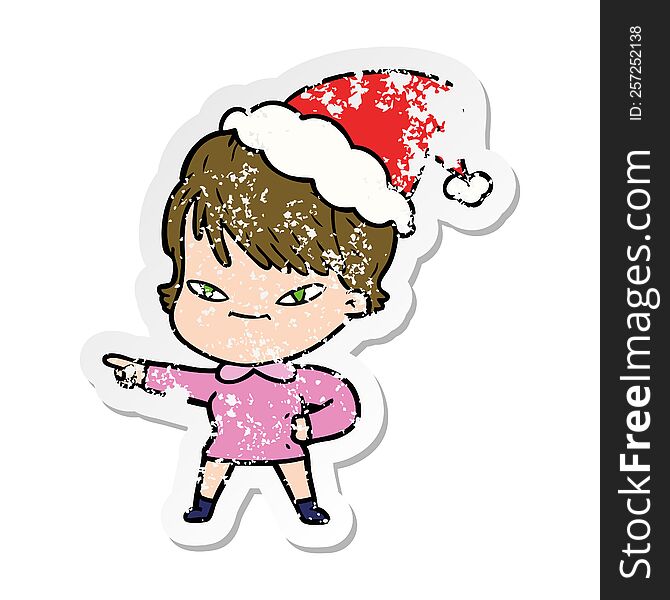 Distressed Sticker Cartoon Of A Happy Woman Wearing Santa Hat