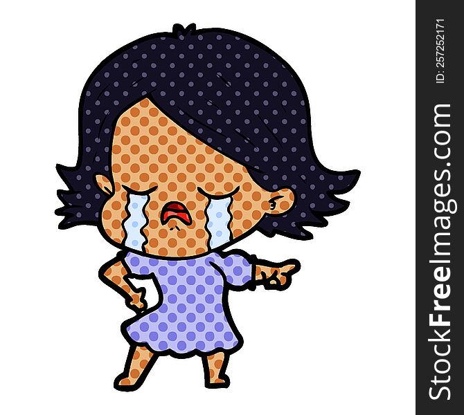 cartoon girl crying and pointing. cartoon girl crying and pointing