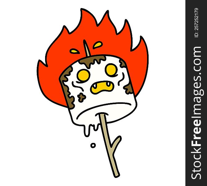 cartoon of a burning marshmallow on a stick. cartoon of a burning marshmallow on a stick