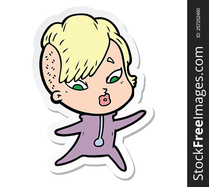 sticker of a cartoon surprised girl in science fiction clothes