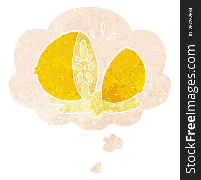 Cartoon Cut Lemon And Thought Bubble In Retro Textured Style
